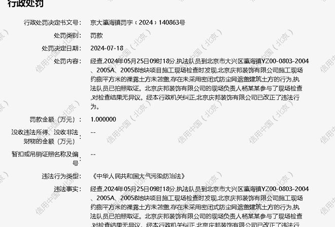 北京庆邦装饰有限公司被罚款1万元(图1)